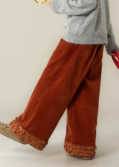 Ruffled Corduroy Straight Pants – Oversized Brick Red Spring Trousers