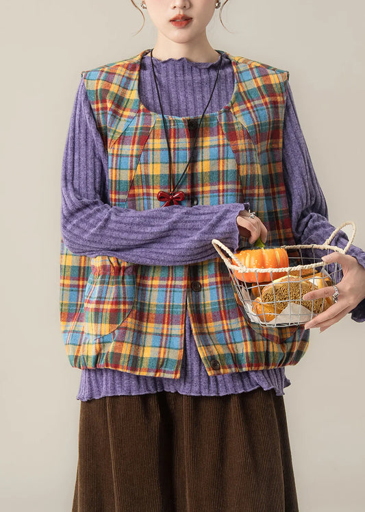 Yellow Plaid Cotton Vest – Oversized Button Front Top for Easy Spring Layering