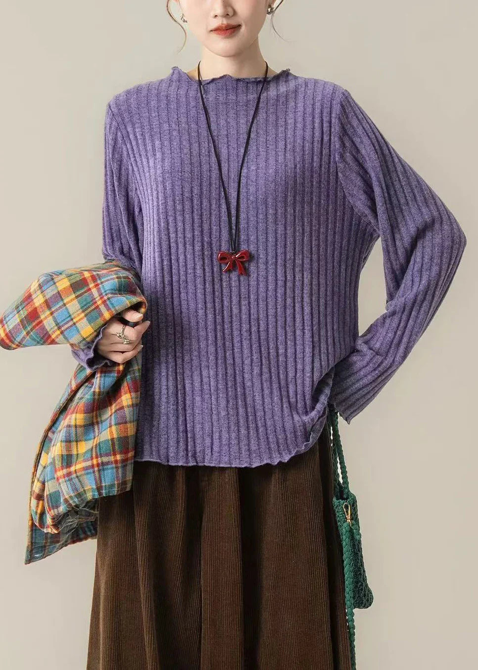 Oversized Striped Knit Pullover – Purple Ribbed Winter Sweater