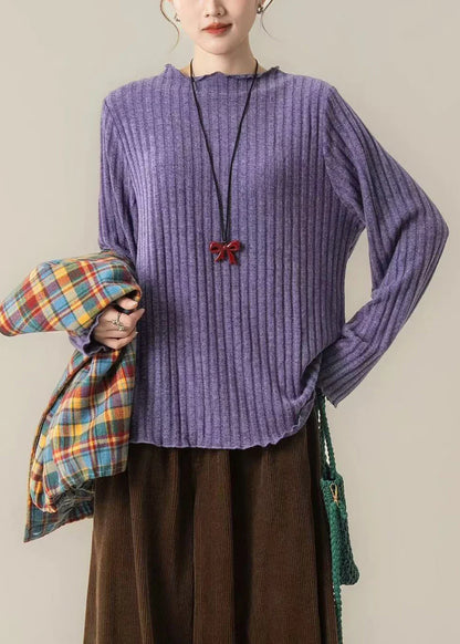 Oversized Striped Knit Pullover – Purple Ribbed Winter Sweater