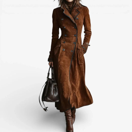 Suede Trench Coat – Long Tailored Double-Button Winter Outerwear