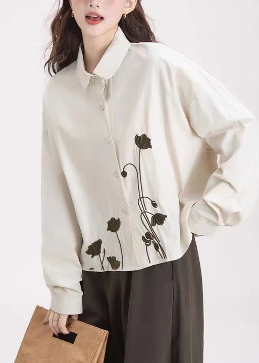 Apricot Cotton Shirt Top – Embroidered Floral Button-Up Blouse for Spring Wear
