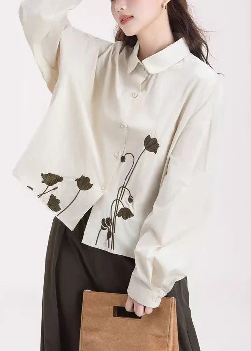 Apricot Cotton Shirt Top – Embroidered Floral Button-Up Blouse for Spring Wear