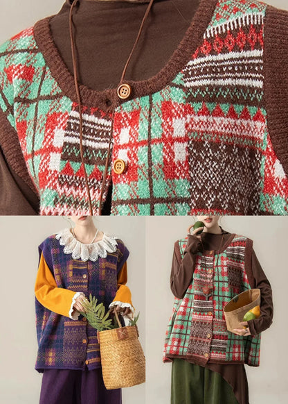 Purple Plaid Knit Waistcoat – O-Neck Sleeveless Cotton Layering Vest