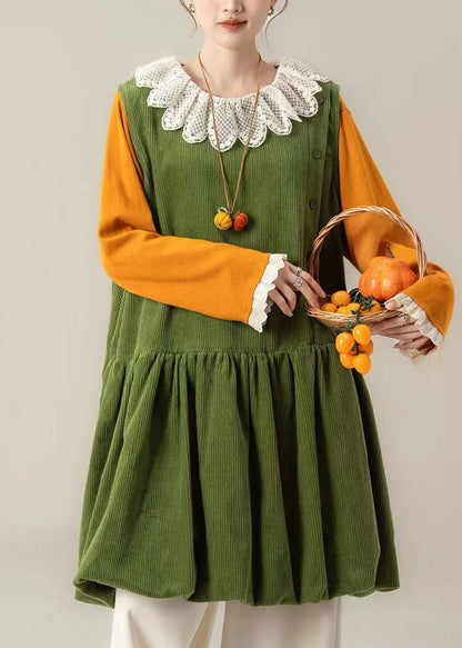Oversized Corduroy Midi Dress – Plus Size Green Lace Collar Spring Dress
