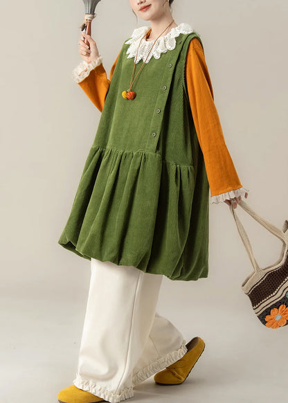 Oversized Corduroy Midi Dress – Plus Size Green Lace Collar Spring Dress