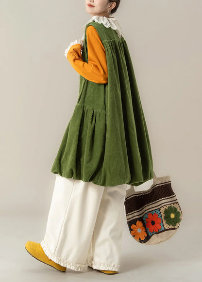 Oversized Corduroy Midi Dress – Plus Size Green Lace Collar Spring Dress