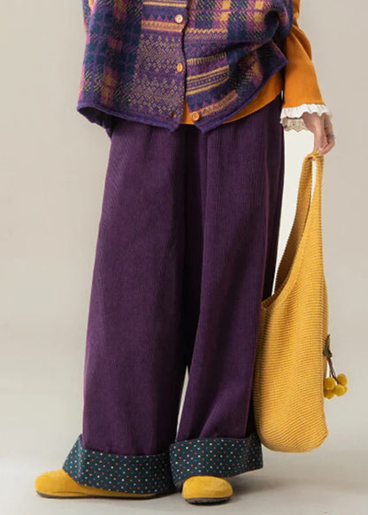 Purple Wide Leg Pants – Elastic Waist Fall Trousers with Dot Cuff Detail