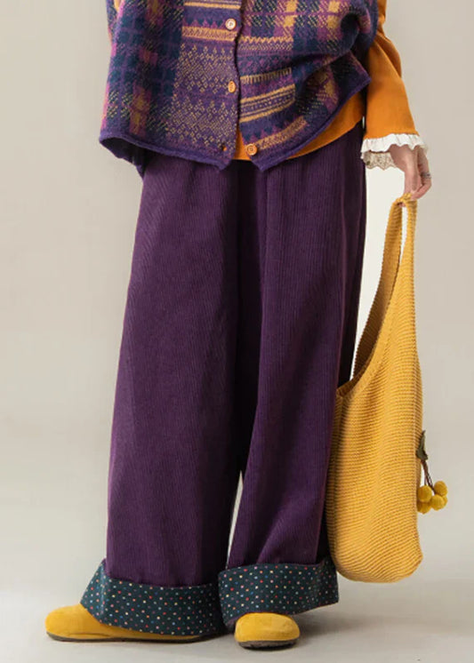 Purple Wide Leg Pants – Elastic Waist Fall Trousers with Dot Cuff Detail