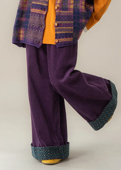 Purple Wide Leg Pants – Elastic Waist Fall Trousers with Dot Cuff Detail