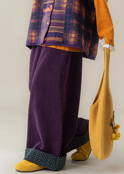 Purple Wide Leg Pants – Elastic Waist Fall Trousers with Dot Cuff Detail