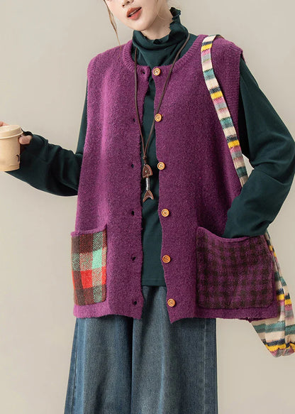 Purple Patchwork Knit Waistcoat – Cozy Button Front Winter Vest