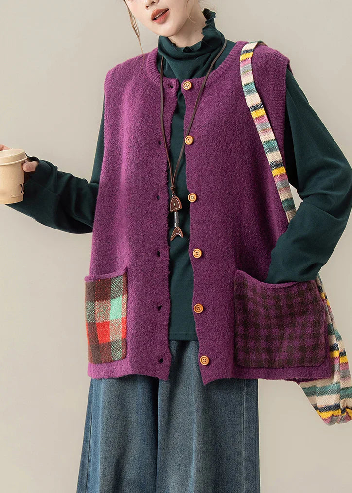 Purple Patchwork Knit Waistcoat – Cozy Button Front Winter Vest