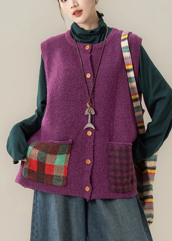 Purple Patchwork Knit Waistcoat – Cozy Button Front Winter Vest