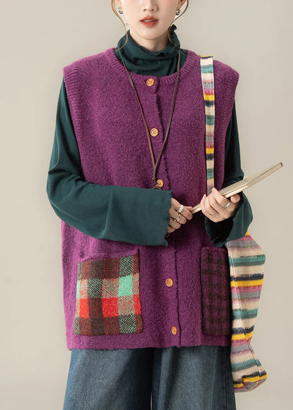 Purple Patchwork Knit Waistcoat – Cozy Button Front Winter Vest