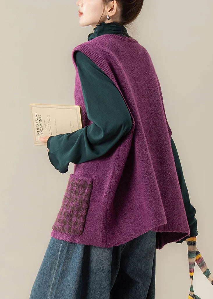 Purple Patchwork Knit Waistcoat – Cozy Button Front Winter Vest