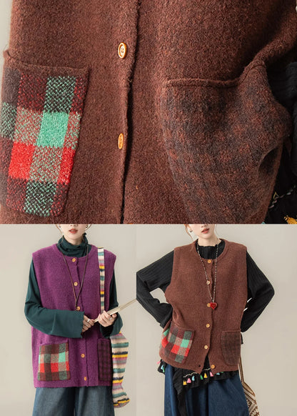 Purple Patchwork Knit Waistcoat – Cozy Button Front Winter Vest