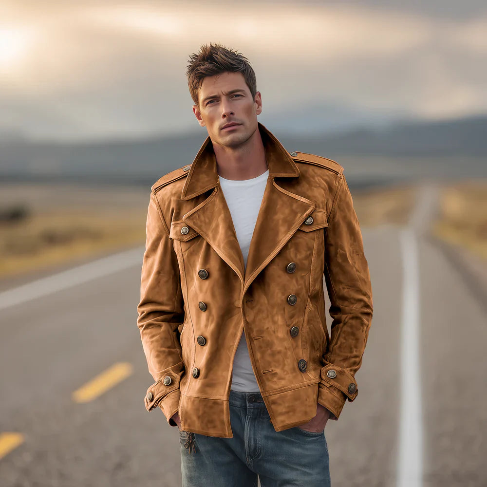 Retro Suede Double-Breasted Jacket – Men’s Lapel Western-Style Outerwear