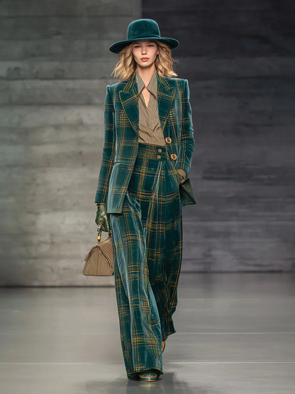 Green Plaid Velvet Blazer Set – High Waist Wide Leg Pants Outfit for Women