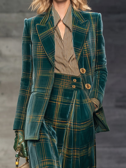 Green Plaid Velvet Blazer Set – High Waist Wide Leg Pants Outfit for Women