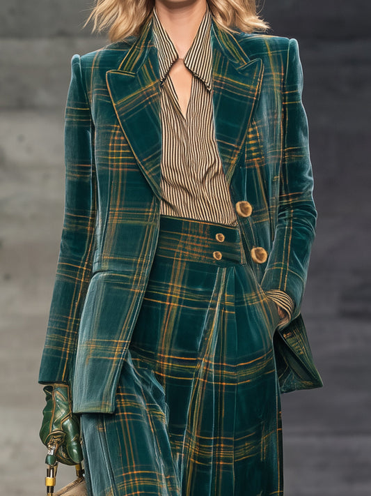 Green Plaid Velvet Blazer Set – High Waist Wide Leg Pants Outfit for Women