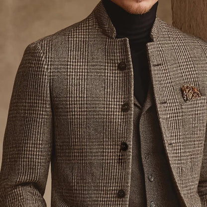 Men’s Tweed Plaid Jacket – Retro Stand Collar Button-Up Blazer Style