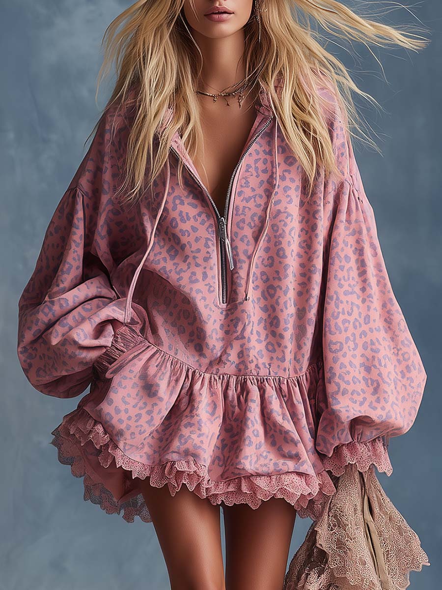 Pink Leopard Mini Dress – Hooded Half-Zip Ruffle Hem Western-Inspired Style