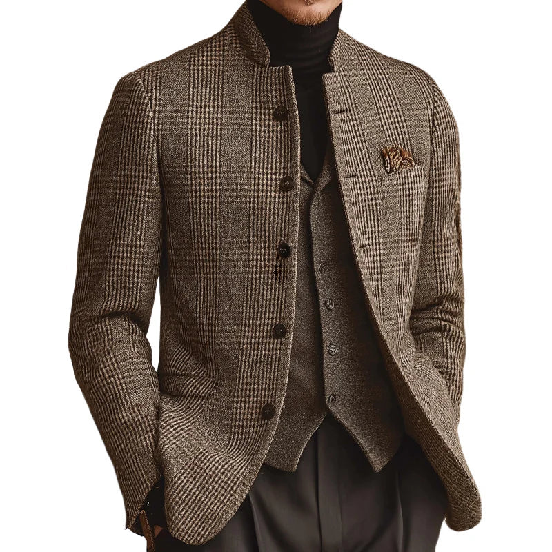 Men’s Tweed Plaid Jacket – Retro Stand Collar Button-Up Blazer Style