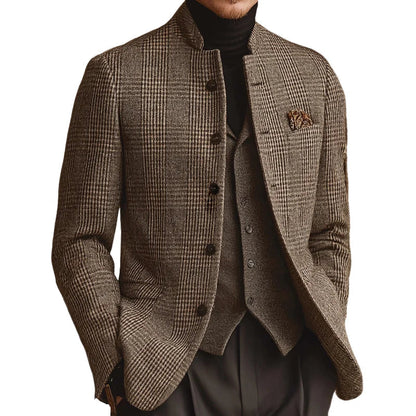 Men’s Tweed Plaid Jacket – Retro Stand Collar Button-Up Blazer Style
