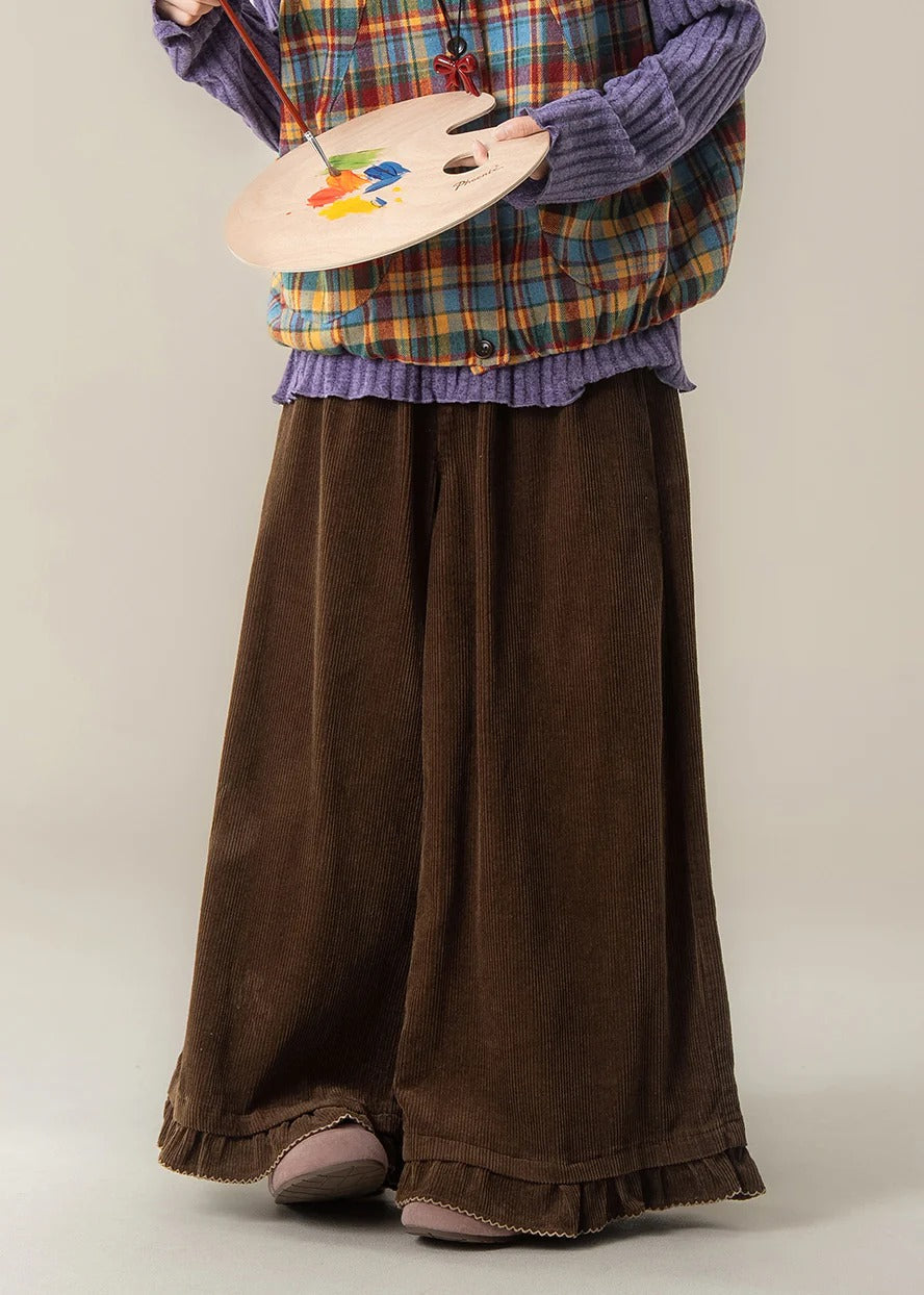 Corduroy Wide Leg Pants – Modern Ruffled Hem High-Waist Trousers