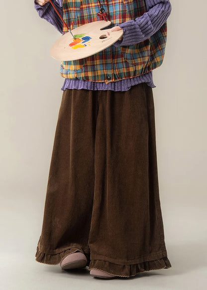 Corduroy Wide Leg Pants – Modern Ruffled Hem High-Waist Trousers