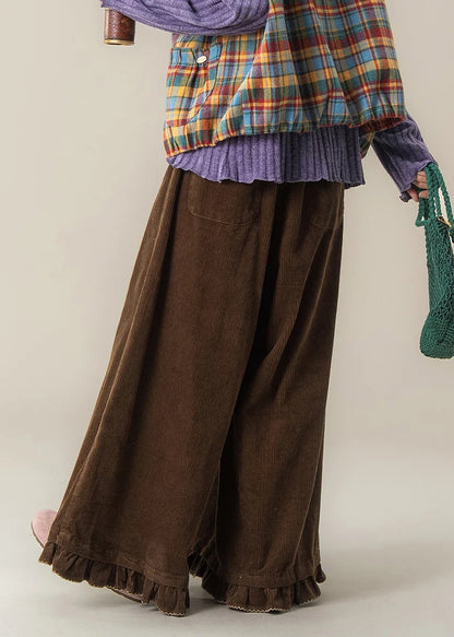 Corduroy Wide Leg Pants – Modern Ruffled Hem High-Waist Trousers