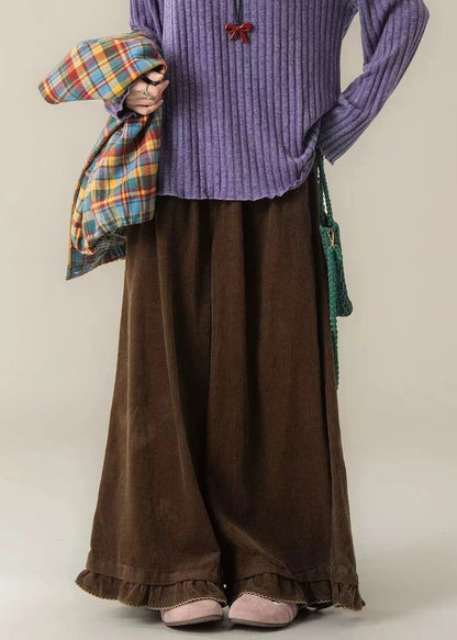 Corduroy Wide Leg Pants – Modern Ruffled Hem High-Waist Trousers