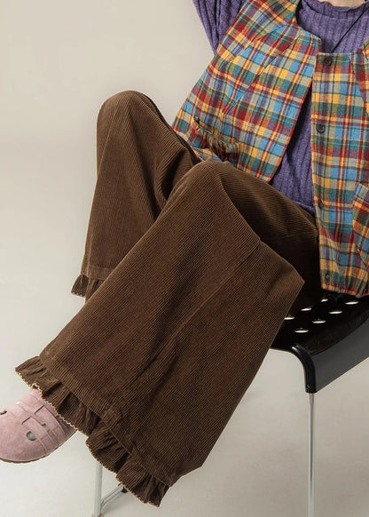 Corduroy Wide Leg Pants – Modern Ruffled Hem High-Waist Trousers