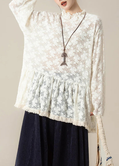 Embroidered Ruffled Lace Blouse – Handmade Vintage Spring Top