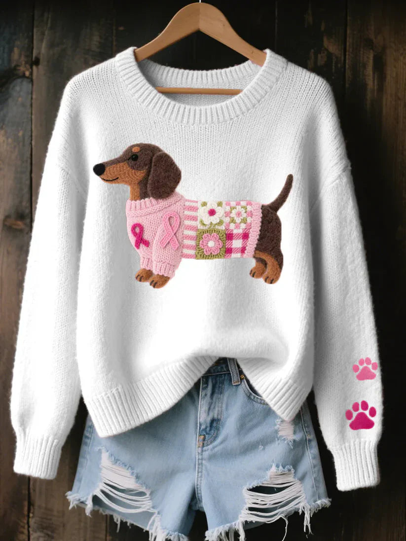 Knitted Sweater – Pink Puppy Graphic Cozy Crewneck Knit