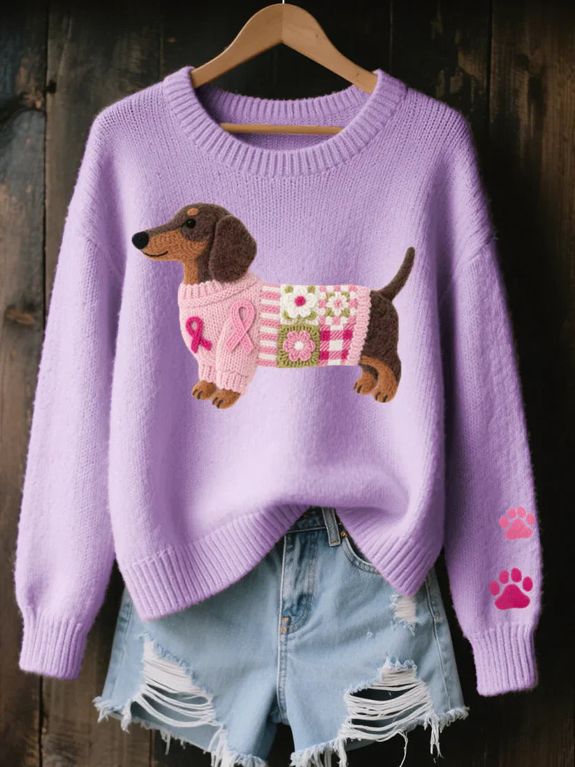 Knitted Sweater – Pink Puppy Graphic Cozy Crewneck Knit
